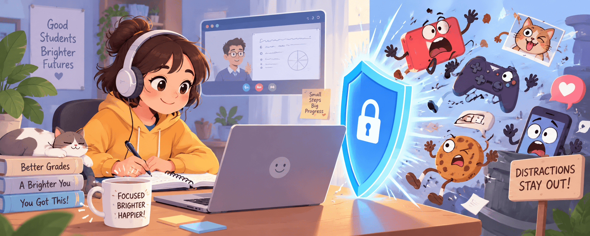 Illustration of a student working at a laptop with a blue shield keeping online distractions away