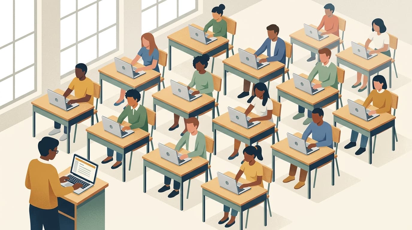 Teacher managing a classroom of students using Chromebooks during a lesson