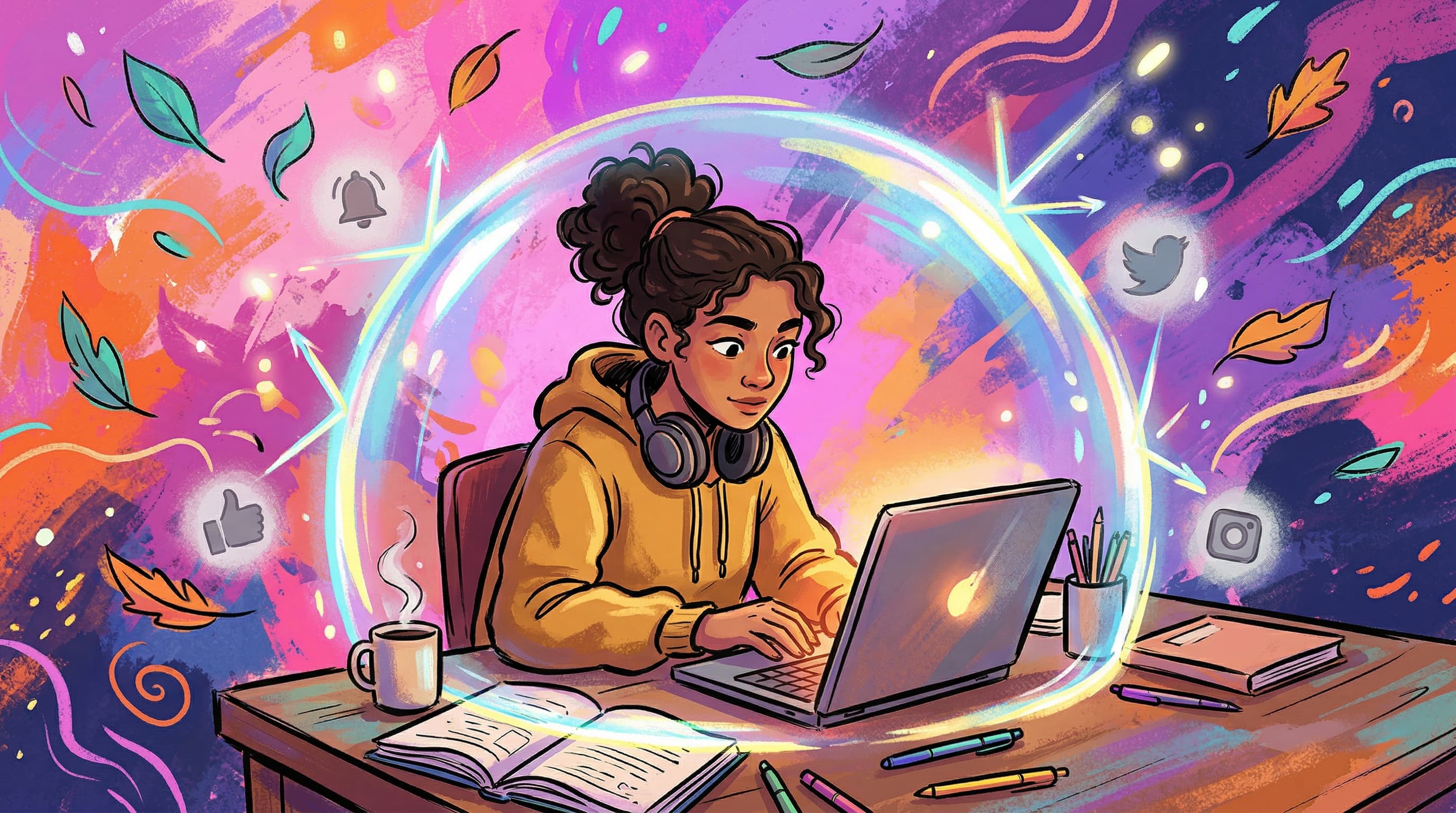 Student at a desk managing their screen time with a laptop showing a focused work session