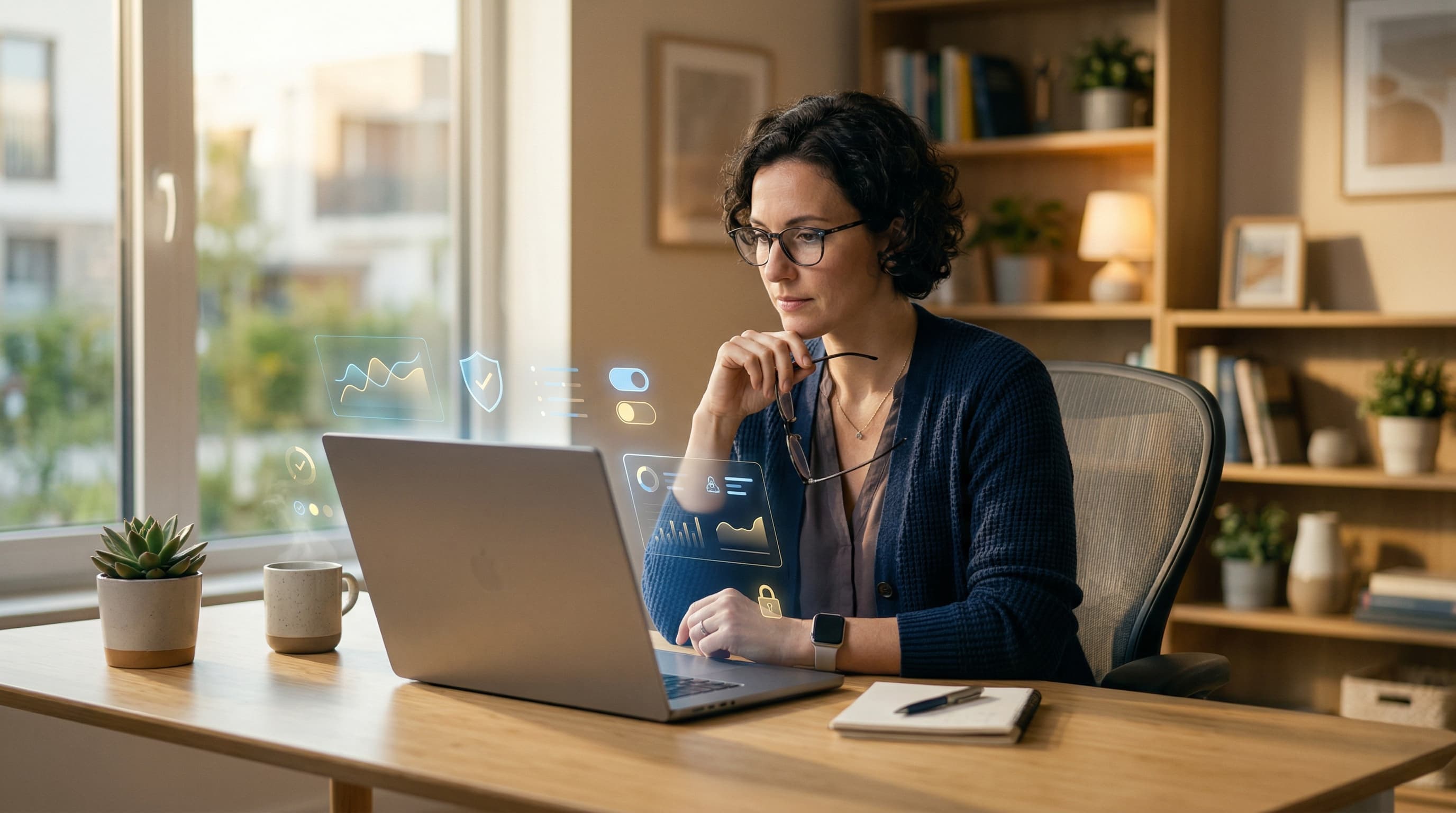 Teacher at a desk reviewing different classroom management tools on their laptop screen